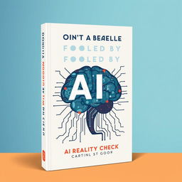 "Don't be Fooled by AI: The AI Reality Check" book cover design featuring a clever balance of technological imagery and cautionary themes