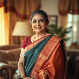 A beautiful, mature Indian woman wearing a traditional sari, elegantly posing in a warm, homely setting