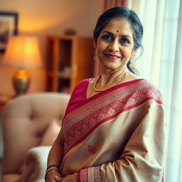 A beautiful, mature Indian woman wearing a traditional sari, elegantly posing in a warm, homely setting