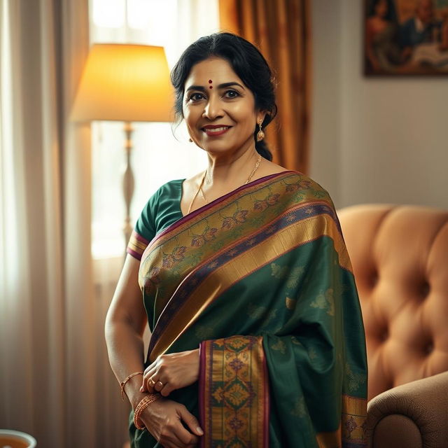 A beautiful, mature Indian woman wearing a traditional sari, elegantly posing in a warm, homely setting