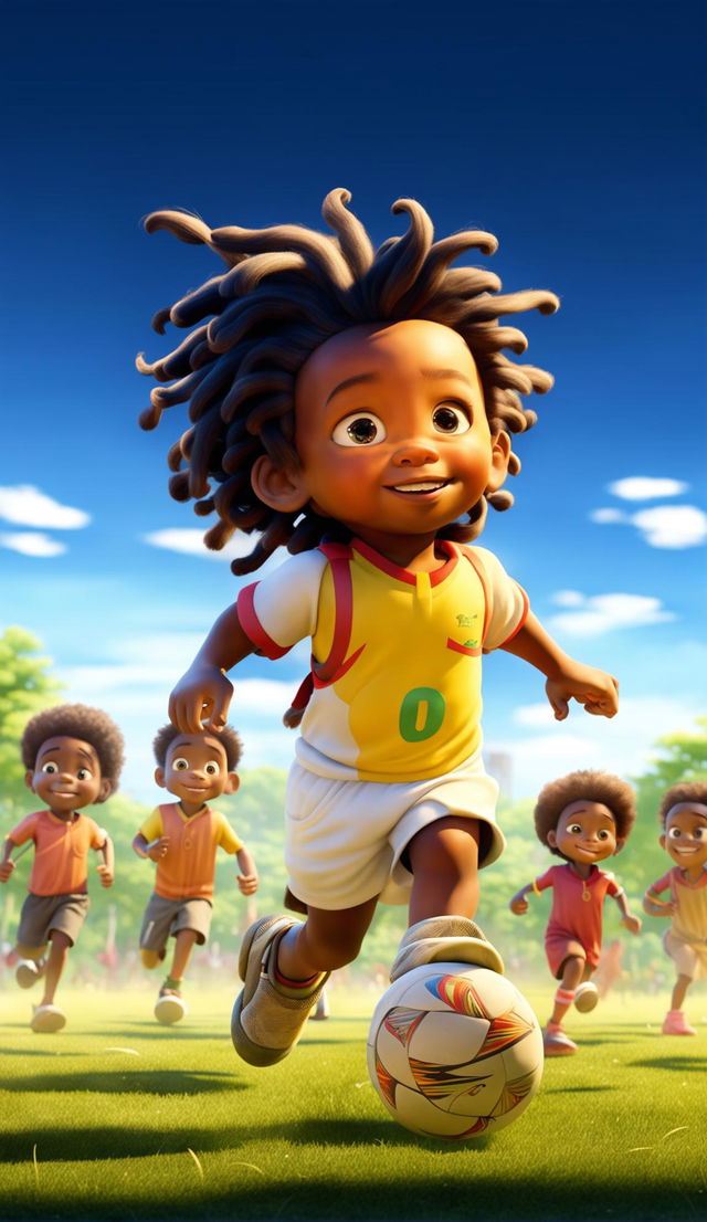 A two-year-old Jamaican child in Rastafarian style playing soccer with his friends in a Pixar animation.