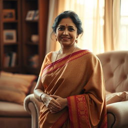 A beautiful, mature Indian woman wearing a traditional sari, elegantly posing in a warm, homely setting