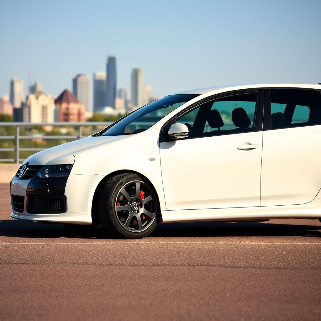 A 2007 Volkswagen Golf GTI in crisp white with sleek black wheels, captured in a dynamic stance