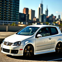 A 2007 Volkswagen Golf GTI in crisp white with sleek black wheels, captured in a dynamic stance