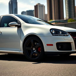 A 2007 Volkswagen Golf GTI in crisp white with sleek black wheels, captured in a dynamic stance