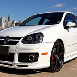 A 2007 Volkswagen Golf GTI in crisp white with sleek black wheels, captured in a dynamic stance