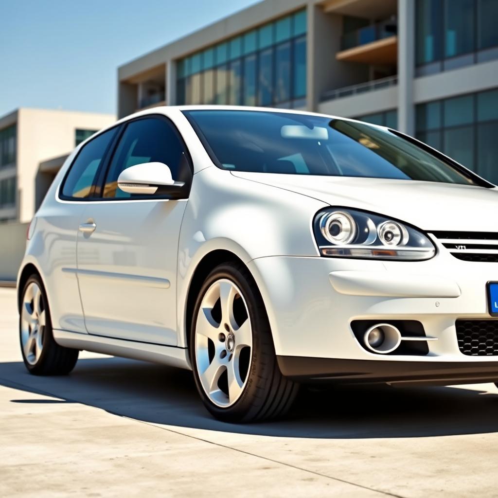 A 2007 Volkswagen Golf GTI in pristine white with shimmering silver wheels, displayed in an elegant stance