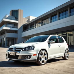 A 2007 Volkswagen Golf GTI in pristine white with shimmering silver wheels, displayed in an elegant stance