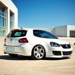 A 2007 Volkswagen Golf GTI in pristine white with shimmering silver wheels, displayed in an elegant stance