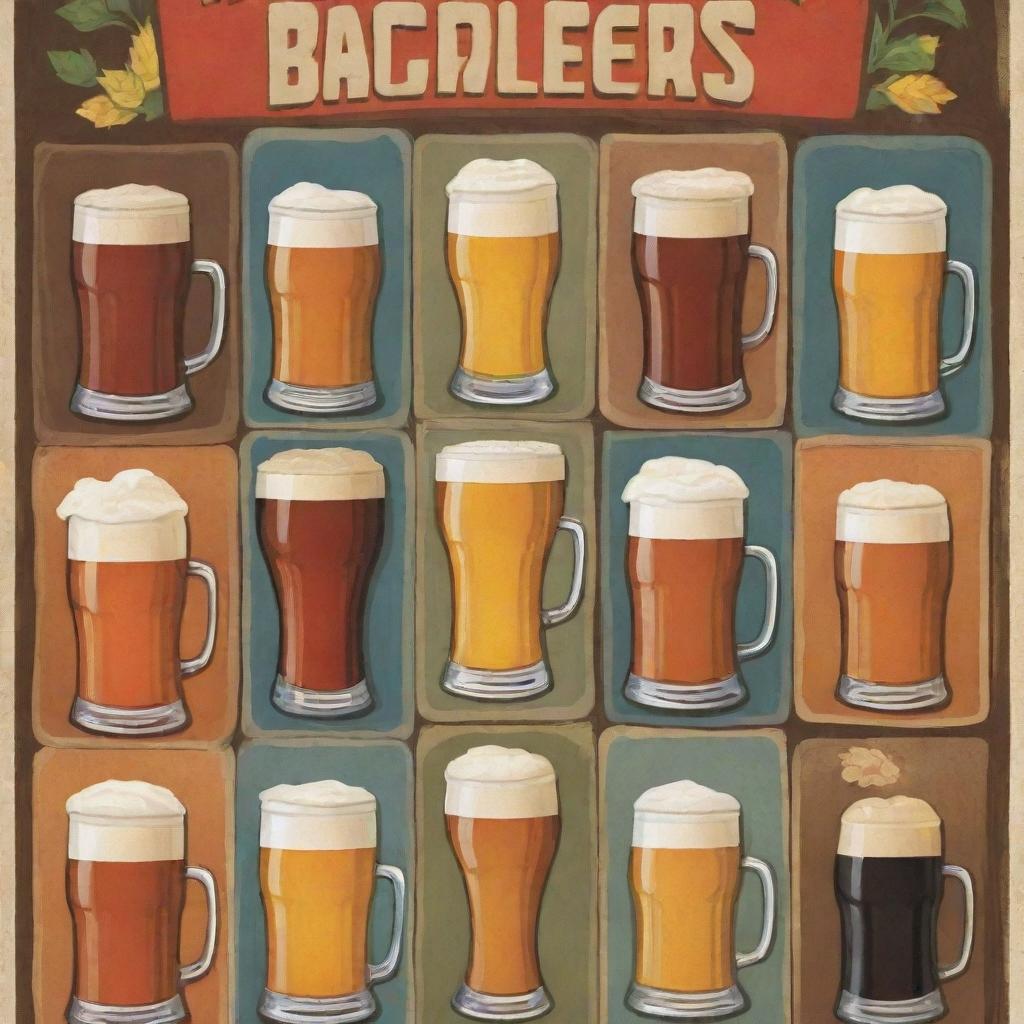 A cartoon-style poster featuring a beer sampler with varieties including blonde, pale ale, stout in a vibrant and fun setting