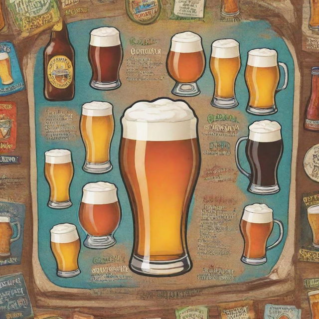 A cartoon-style poster featuring a beer sampler with varieties including blonde, pale ale, stout in a vibrant and fun setting