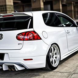 A 2007 Volkswagen Golf GTI in pristine white, featuring custom tuning elements