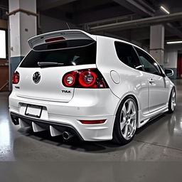 A 2007 Volkswagen Golf GTI in pristine white, featuring custom tuning elements