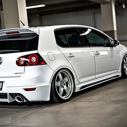 A 2007 Volkswagen Golf GTI in pristine white, featuring custom tuning elements