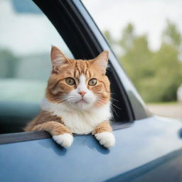 A cute cat comfortably seated inside a polished car, peeking out of the window with curiosity.