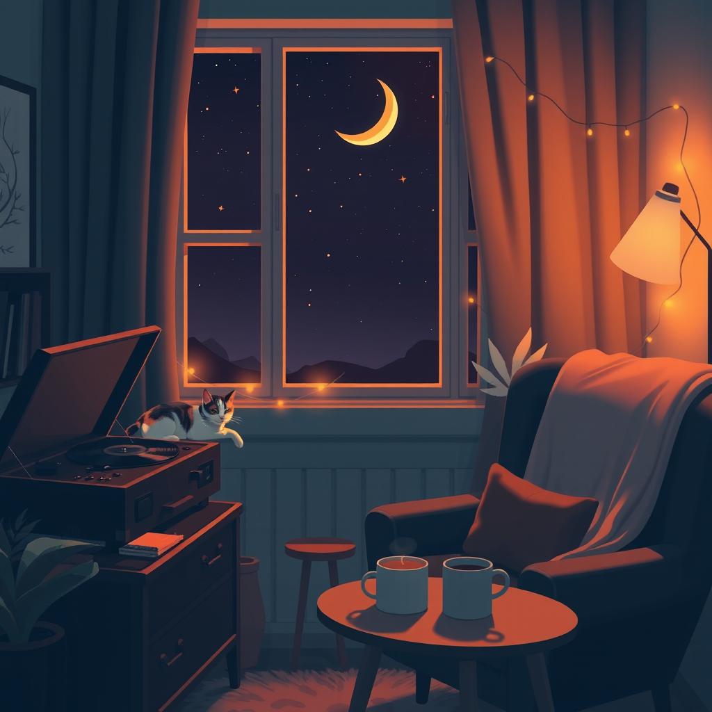 A cozy, lo-fi night scene featuring a stylish room with warm, ambient lighting