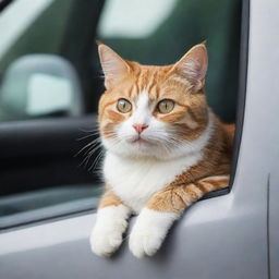 A cute cat comfortably seated inside a polished car, peeking out of the window with curiosity.