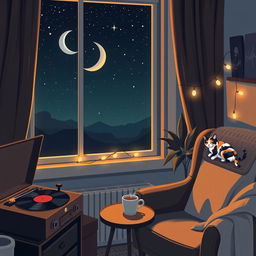 A cozy, lo-fi night scene featuring a stylish room with warm, ambient lighting