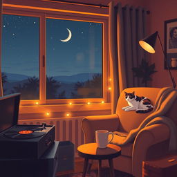 A cozy, lo-fi night scene featuring a stylish room with warm, ambient lighting