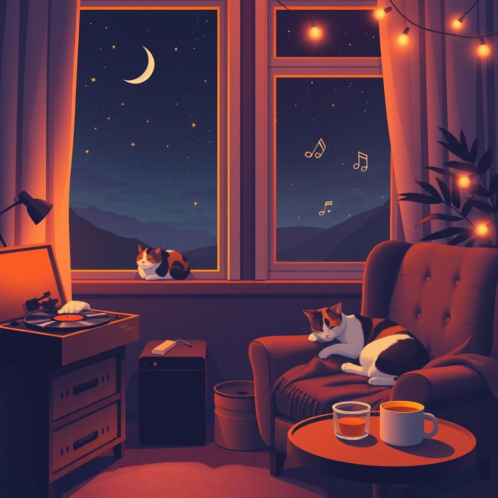 A cozy, lo-fi night scene featuring a stylish room with warm, ambient lighting