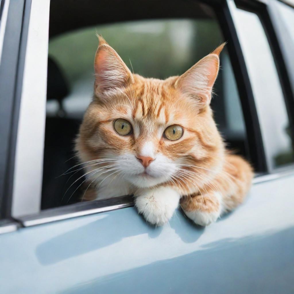 A cute cat comfortably seated inside a polished car, peeking out of the window with curiosity.