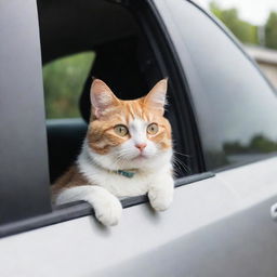 A cute cat comfortably seated inside a polished car, peeking out of the window with curiosity.