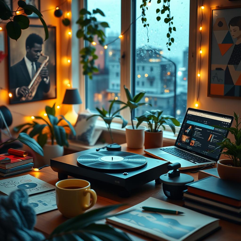 a cozy and inviting lofi aesthetic banner for YouTube featuring a relaxed home office setup with a vintage turntable, a steaming mug of coffee, fairy lights in the background, and leafy indoor plants