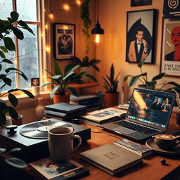 a cozy and inviting lofi aesthetic banner for YouTube featuring a relaxed home office setup with a vintage turntable, a steaming mug of coffee, fairy lights in the background, and leafy indoor plants