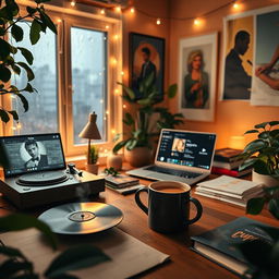 a cozy and inviting lofi aesthetic banner for YouTube featuring a relaxed home office setup with a vintage turntable, a steaming mug of coffee, fairy lights in the background, and leafy indoor plants