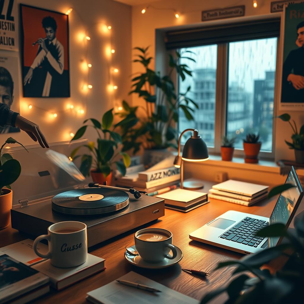 a cozy and inviting lofi aesthetic banner for YouTube featuring a relaxed home office setup with a vintage turntable, a steaming mug of coffee, fairy lights in the background, and leafy indoor plants