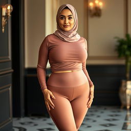 A beautiful Arab woman with a curvy figure, wearing a stylish hijab