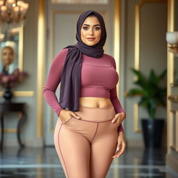 A beautiful Arab woman with a curvy figure, wearing a stylish hijab