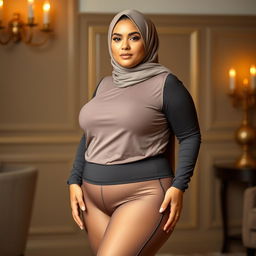 A beautiful Arab woman with a curvy figure, wearing a stylish hijab