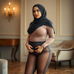 A beautiful Arab woman with a curvy figure, wearing a stylish hijab