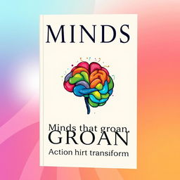 Book cover with the title 'Minds that groan, Actions that transform' featuring a colorful brain depicted as a vibrant, abstract circle in the center