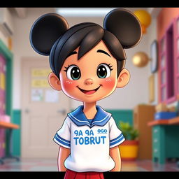 A cartoon Disney-style student wearing a uniform with the label '9A TOBRUT' on it, standing in a school environment