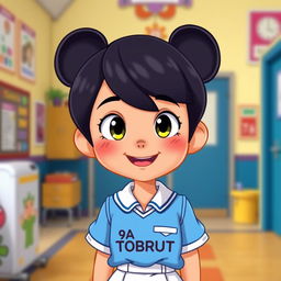 A cartoon Disney-style student wearing a uniform with the label '9A TOBRUT' on it, standing in a school environment