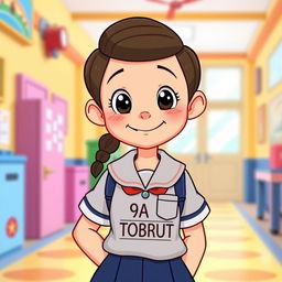 A cartoon Disney-style student wearing a uniform with the label '9A TOBRUT' on it, standing in a school environment