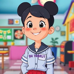 A cartoon Disney-style student wearing a uniform with the label '9A TOBRUT' on it, standing in a school environment