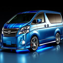 a pimped Toyota Quantum van with a metallic blue finish, featuring sleek racing stripes and chrome accents