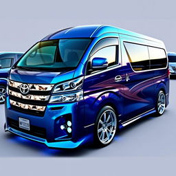 a pimped Toyota Quantum van with a metallic blue finish, featuring sleek racing stripes and chrome accents