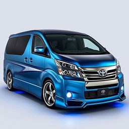 a pimped Toyota Quantum van with a metallic blue finish, featuring sleek racing stripes and chrome accents