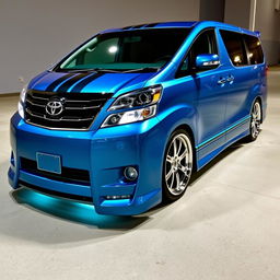 a pimped Toyota Quantum van with a metallic blue finish, featuring sleek racing stripes and chrome accents