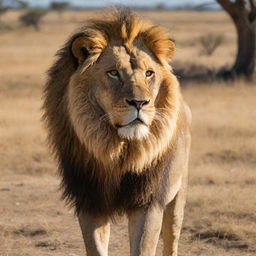 A majestic, strong lion with a golden mane standing stoically in a sunlit Savannah.