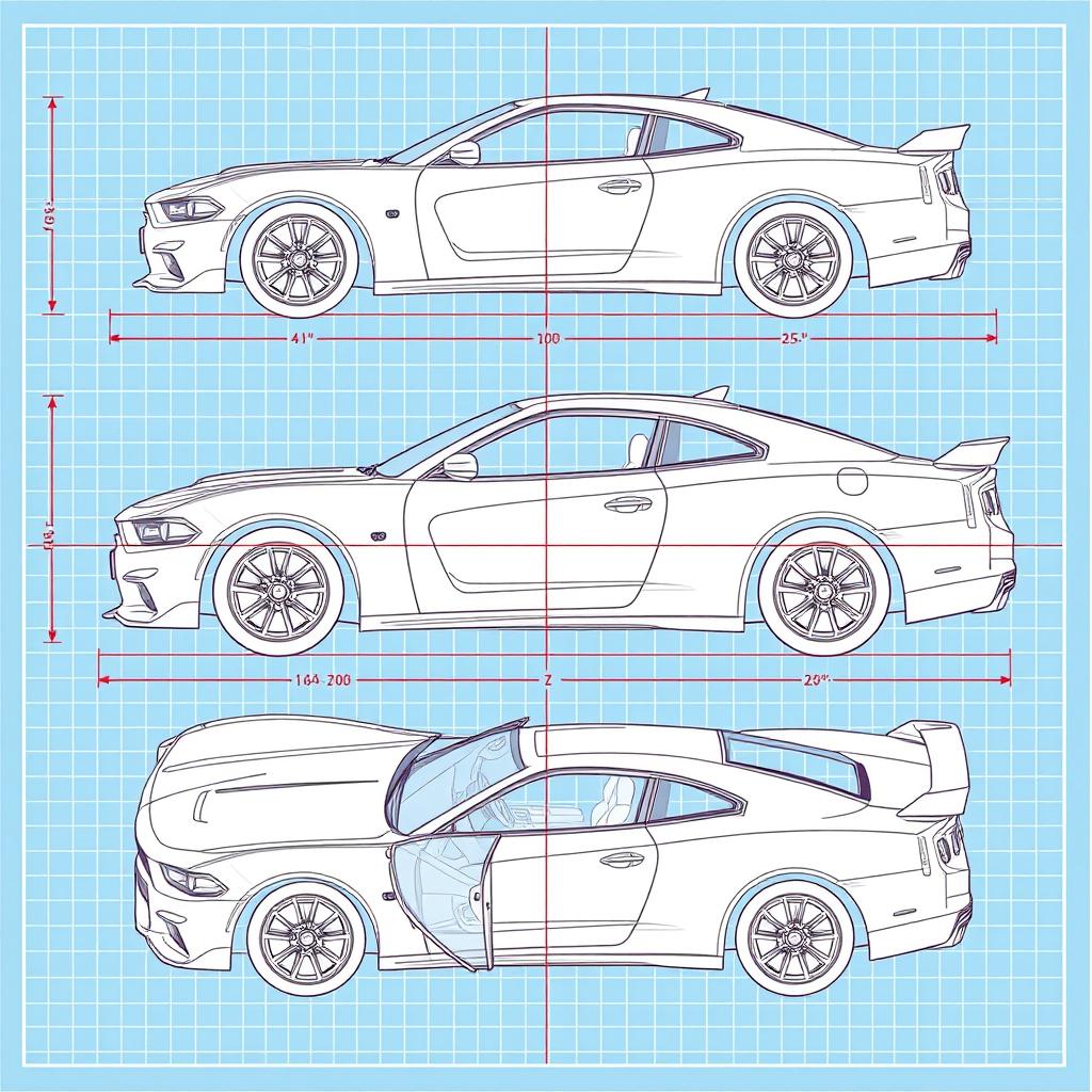 A detailed technical blueprint illustration of a car similar to a Dodge Charger mixed with a Nissan GTR, displayed with emphasis on the X, Y, and Z axes