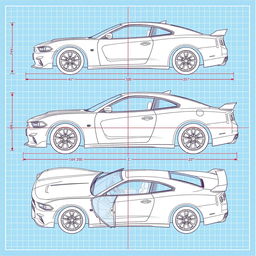 A detailed technical blueprint illustration of a car similar to a Dodge Charger mixed with a Nissan GTR, displayed with emphasis on the X, Y, and Z axes