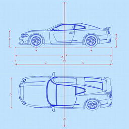 A detailed technical blueprint illustration of a car similar to a Dodge Charger mixed with a Nissan GTR, displayed with emphasis on the X, Y, and Z axes