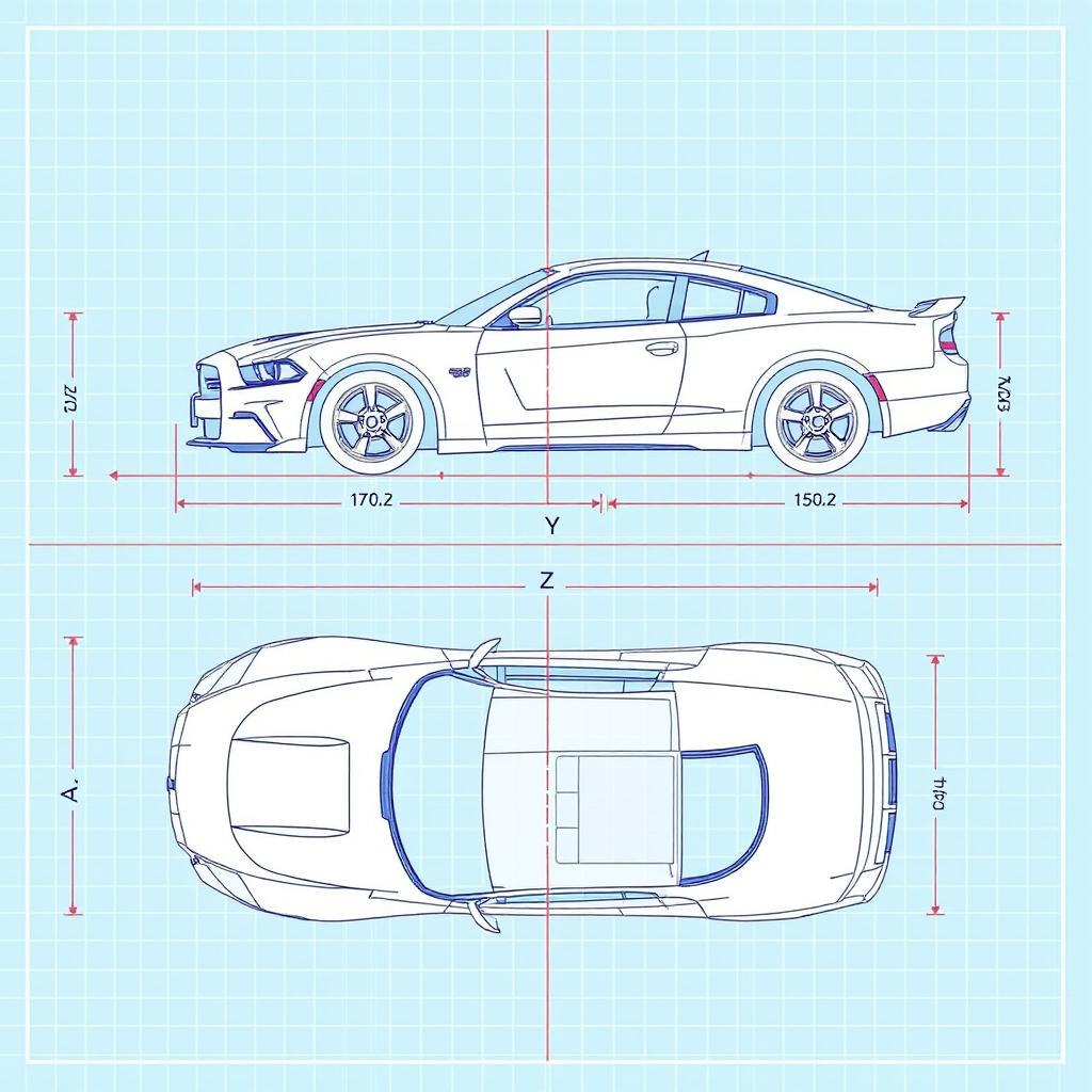 A detailed technical blueprint illustration of a car similar to a Dodge Charger mixed with a Nissan GTR, displayed with emphasis on the X, Y, and Z axes