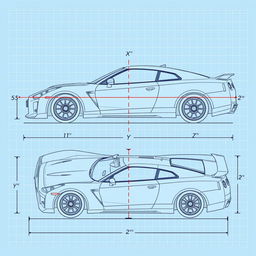 A detailed technical blueprint illustration of a car similar to a Dodge Charger mixed with a Nissan GTR, displayed with emphasis on the X, Y, and Z axes