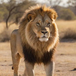 A majestic, strong lion with a golden mane standing stoically in a sunlit Savannah.